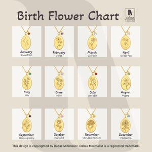 May include: A Birth Flower Chart displaying twelve gold oval pendants on chains, each featuring a unique engraved flower and a small colored gemstone. The chart includes months from January to December with corresponding flower names and the dabas logo.
