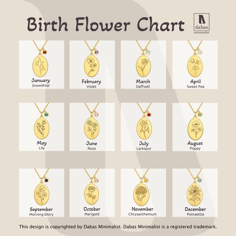 May include: A Birth Flower Chart displaying twelve gold oval pendants on chains, each featuring a unique engraved flower and a small colored gemstone. The chart includes months from January to December with corresponding flower names and the dabas logo.