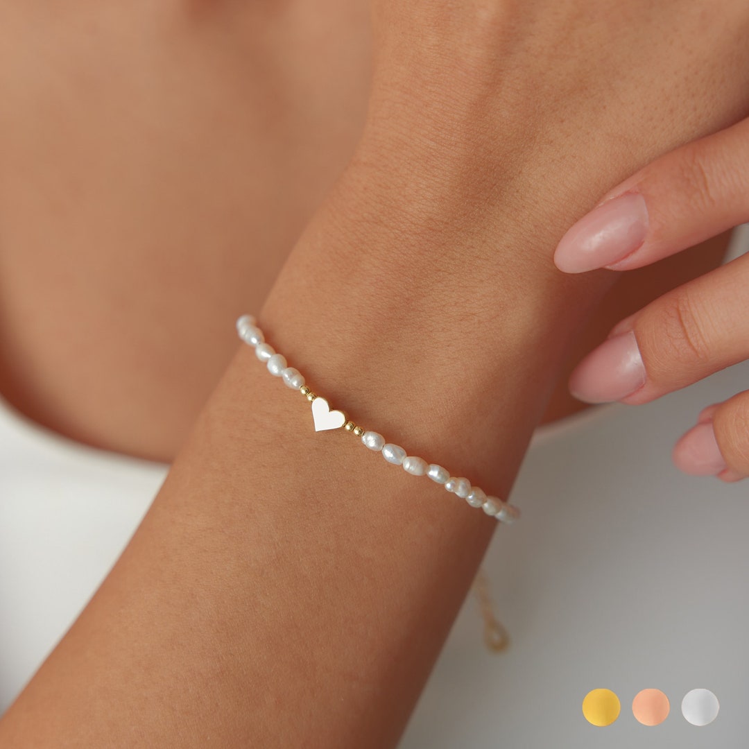 Pearl Bracelet Gold Heart Love Charm Bracelet • Freshwater Pearl ...