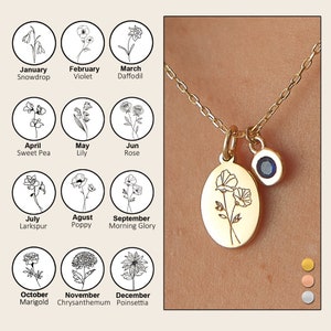 May include: A gold-toned necklace featuring an oval pendant engraved with two poppy flowers and a small circular charm with a dark blue stone. To the left, a chart displays twelve circular icons with line drawings of birth month flowers.