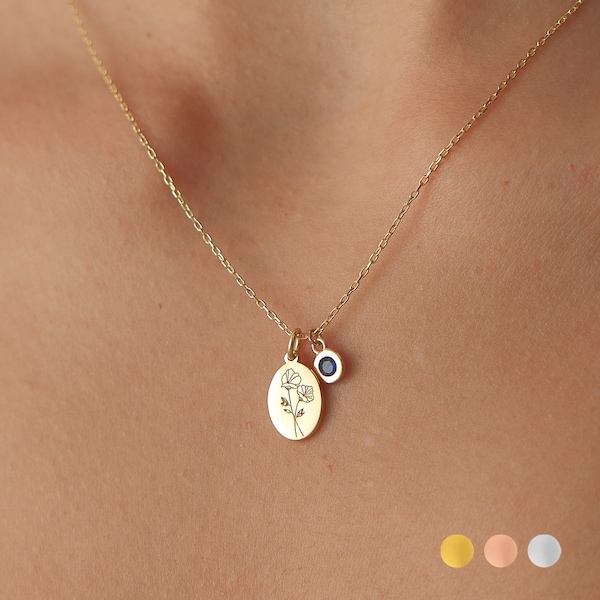 Dainty Birth Flower Necklace, Birthstone Charm, Floral Necklace, Sterling Silver Necklace, Personalized Necklace For Her, Birthday Gift