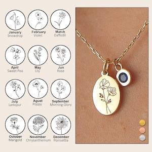 Tiny BirthFlower Necklace, Birthstone Charm, Floral Necklace, Sterling Silver Necklace, Personalized Necklace For Her, Birthday Gift Mom