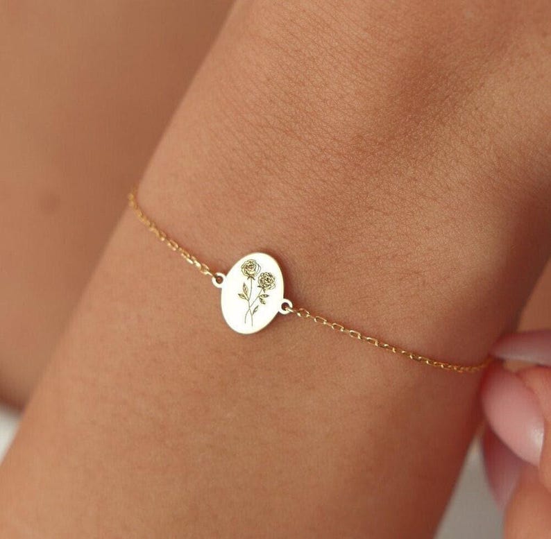 Pulsera con flor de nacimiento en miniatura, joyería floral dorada, regalo personalizado para el mes de nacimiento de ella. imagen 12