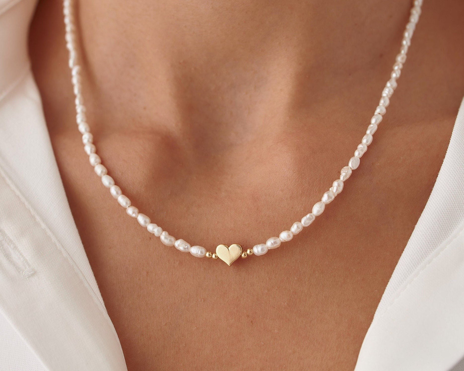 Pearl Necklace With Gold Heart Love Necklace Freshwater Etsy