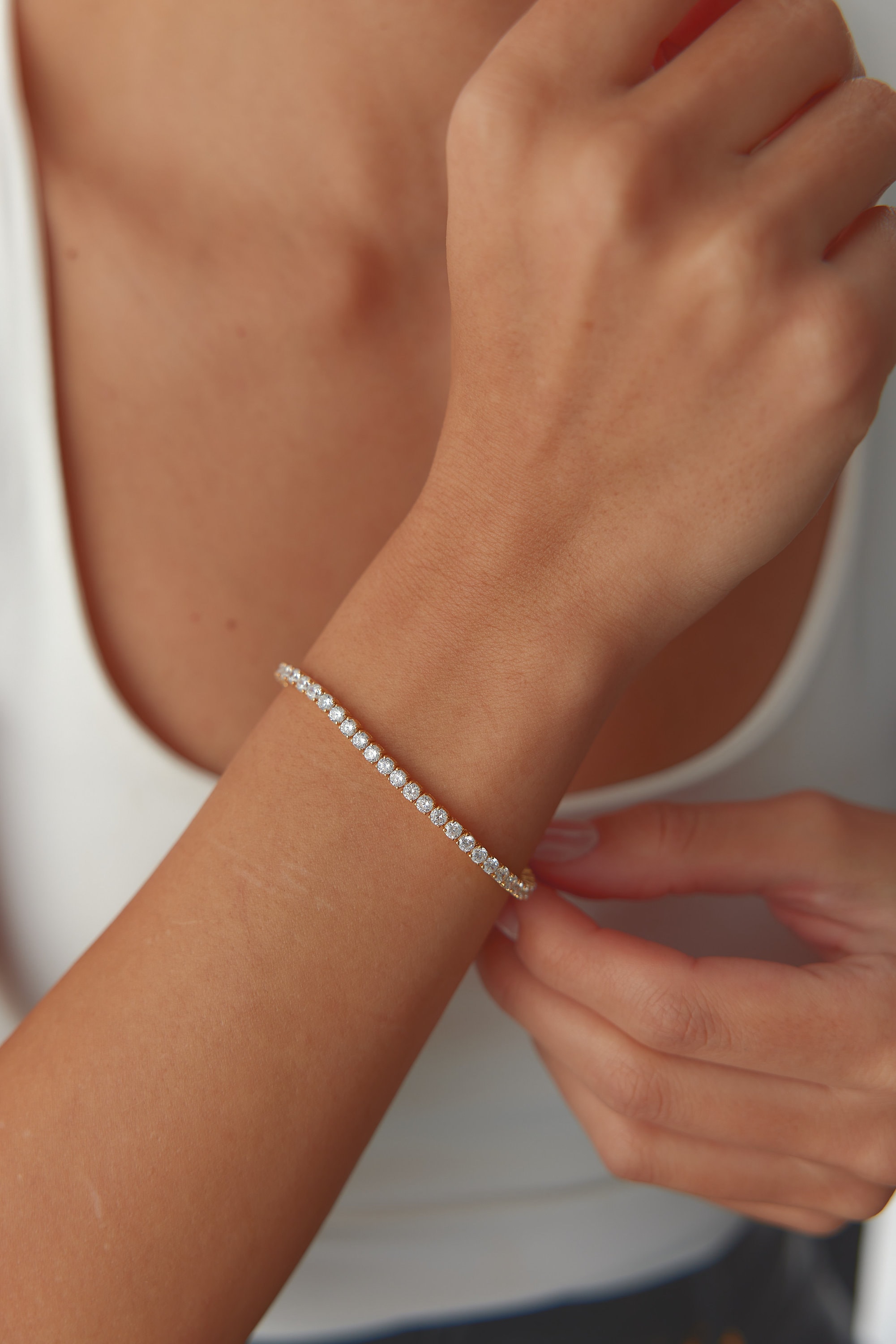 ダイヤモンドCZテニスブレスレット • 925スターリングシルバー、14K 