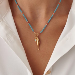Fish Necklace by Dabas Minimalist • Handmade Turquoise Beaded Choker • Enamel Evil Eye Pendant • Fish Pendant • Gift for Her • Gift For Wife
