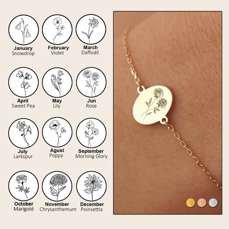 Pulsera con flor de nacimiento en miniatura, joyería floral dorada, regalo personalizado para el mes de nacimiento de ella. imagen 11