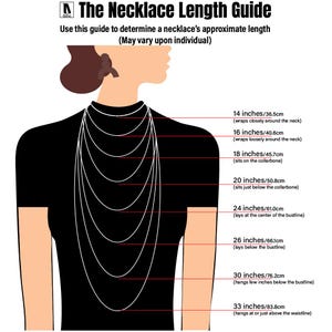 May include: A black and white infographic titled The Necklace Length Guide showing a silhouette of a torso wearing multiple necklaces of varying lengths from 14 inches to 33 inches, with text descriptions for how each length sits on the body.