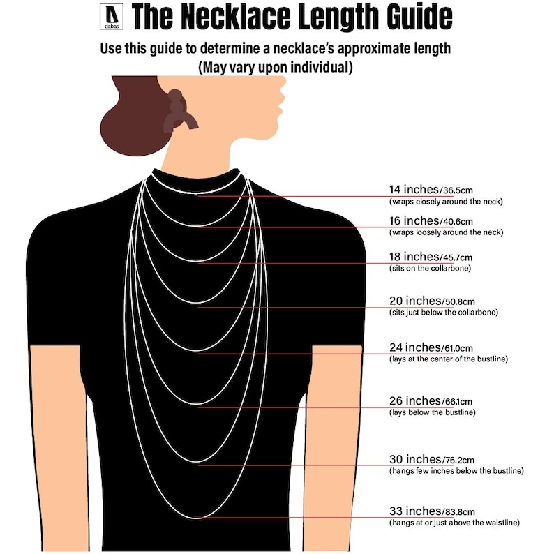 May include: A black and white infographic titled The Necklace Length Guide showing a silhouette of a torso wearing multiple necklaces of varying lengths from 14 inches to 33 inches, with text descriptions for how each length sits on the body.