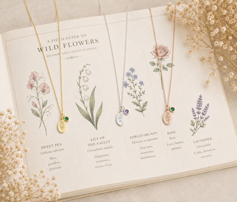 May include: Three necklaces with oval pendants featuring engraved floral designs and small round birthstone charms. One necklace is gold-toned with a green stone, one is silver-toned with a purple stone, and one is rose gold-toned with a green stone.
