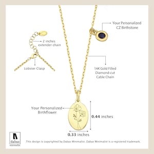 May include: A 14K gold filled diamond-cut cable chain necklace featuring an oval pendant with a personalized birthflower engraving measuring 0.44 inches by 0.33 inches, a personalized CZ birthstone charm, and a 2 inches extender chain with a lobster clasp.