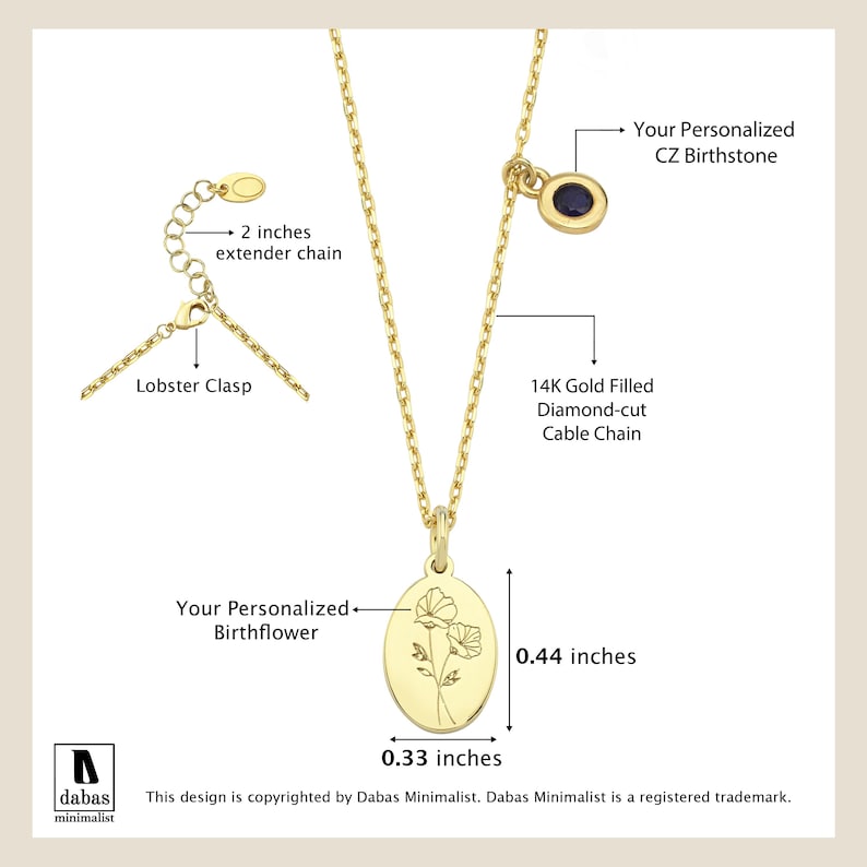 May include: A 14K gold filled diamond-cut cable chain necklace featuring an oval pendant with a personalized birthflower engraving measuring 0.44 inches by 0.33 inches, a personalized CZ birthstone charm, and a 2 inches extender chain with a lobster clasp.