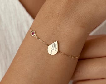 Pulsera de flor de nacimiento, dije de lágrima de plata de ley