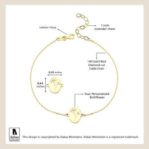 Puede incluir: Pulsera de cadena de cable de corte diamante rellena de oro de 14K con un dije ovalado personalizado de flor de nacimiento. El dije mide 0,99 cm por 1,09 cm. Incluye un cierre de langosta y una cadena extensora de 2,54 cm de largo.