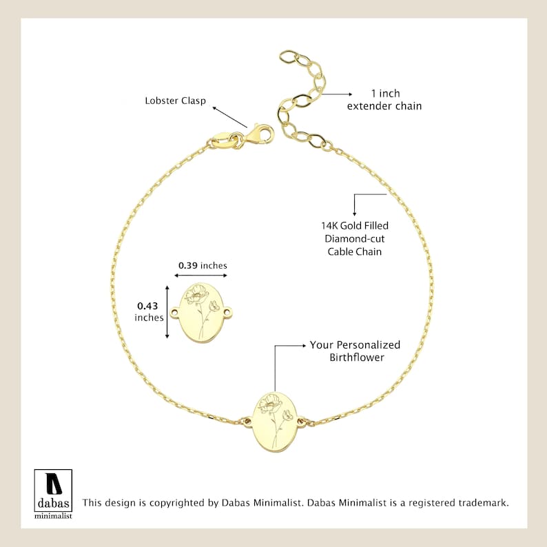 Puede incluir: Pulsera de cadena de cable de corte diamante rellena de oro de 14K con un dije ovalado personalizado de flor de nacimiento. El dije mide 0,99 cm por 1,09 cm. Incluye un cierre de langosta y una cadena extensora de 2,54 cm de largo.