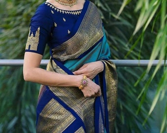 Pure Banarasi Silk Temple Border Saree Silk Weaving Work Saree for Women Wear Wedding Wear Party Wear Indian saree