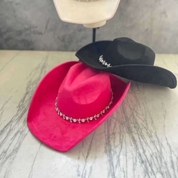 Vegan suede cowboy hat with chain of rhinestones arranged in a floral pattern