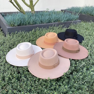 New Arrival with Premium quality! New style with structured wide brim boater hat in vegan felt. Best seller. Matching grosgrain band hat.