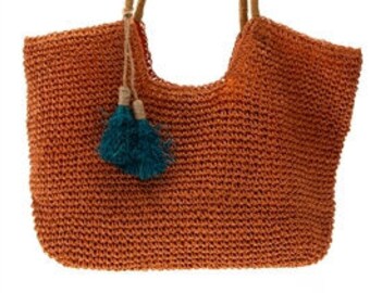 Hand crocheted toyo straw beach bag with wrapped straw handles and tassels.Beach Bag, Travel Bag, Summer Bag