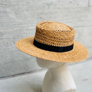 Vintage Waved Straw hat ,medium brim straw hat,Black Ribbon, raffia hat, straw hats, Medium hard brim, Gift for Her