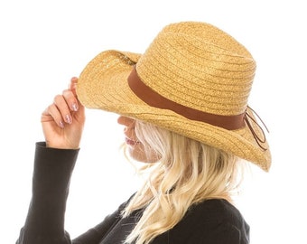 Straw cowboy hat with leather band, Sun hat, summer hat, women's hat, wide brim hat, Beach hat, Fashion Hat, UPF50+, sun protection