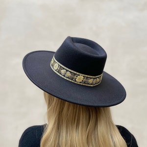 New Fall Colors Premium Quality! Best Seller! Vegan felt fedora hat with Gold Jarquared Band wide Stiff Brim. Stylish hat, wedding