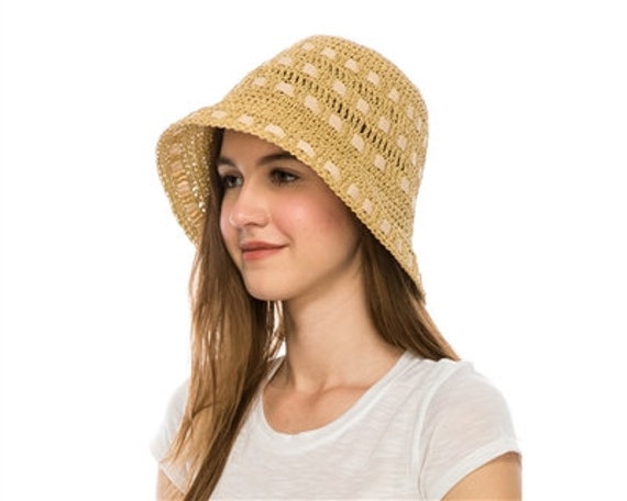 Crochet Straw Bucket Hat Sun Hat Women 