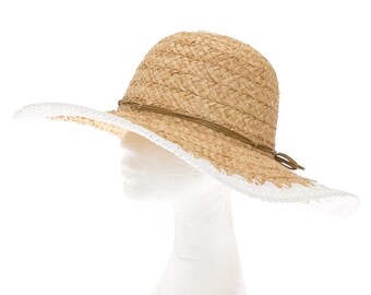 Crochet edge raffia sun hat, summer hat, vacation hat, beach hat, UPF50+, sun protection, wide brim hat, women's hat, vacation hat