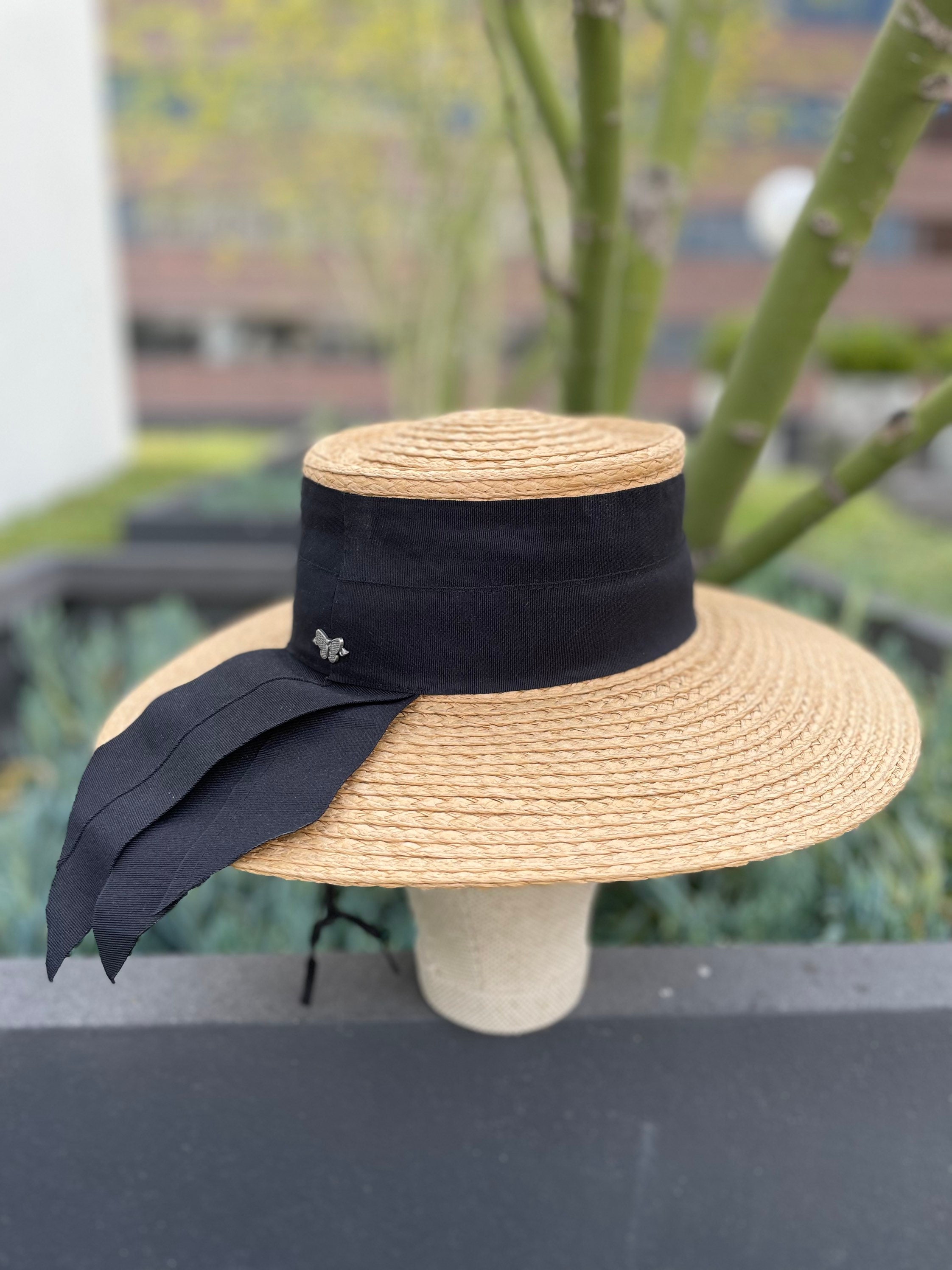 Elegant Hat With Wide Brim Black Big Bow Band Trim Flathead Etsy Norway