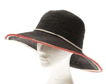 Premium Raffia Black/red raffia crochet hat, UPF50+, sun protection, Summer hat, Vacation Hat, Beach hat, Fashion Hat,