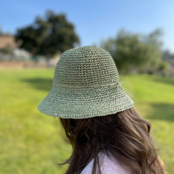 Hand-crocheted Straw Bucket Hat With Matching String Tie 