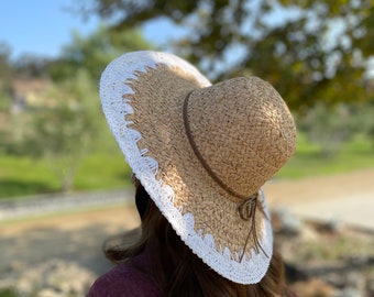 Premium quality! Handmade natural raffia straw hat with crocheted edge wide brim hat, hiking hat, outdoor hat, picnic hat, wedding hat.