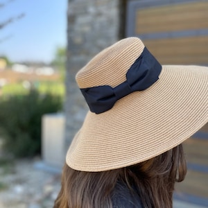 Glamorous sun hat with downward sloping brim and big fabric bow. Women Straw Hat,Sun Hat,Straw Beach Hat,Vacation Hat,UPF50+, sun protection