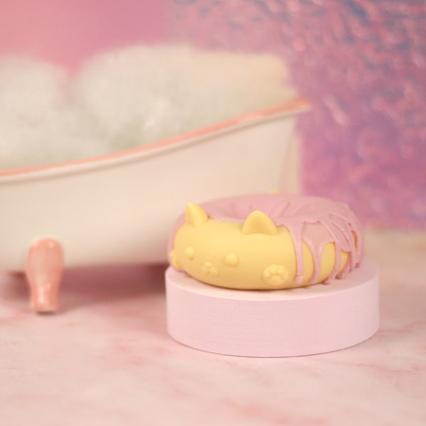Cat Donut Soap | Strawberry Soap | Plastic Free Skin Care | Vegan Soap | Cute Dessert Soap | Cute Cat Gift | Handmade Gift For Her | Kitty