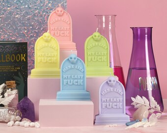 Pastel Gravestone Candle: Dark Humor Halloween Decor