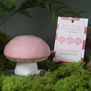 May include: Pink mushroom-shaped shampoo bar with the text "Nourishing Shampoo Bar" and "For normal hair". The bar is vegan, pH balanced, and colour safe. It contains shea butter and grapefruit oil with an orange blossom scent. The bar weighs 5.3 ounces.