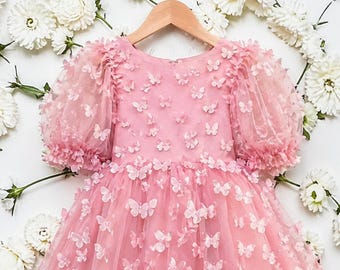 Baby Girl Butterfly Tulle Dress with Puff Sleeves – Princess Tutu Toddler Gown