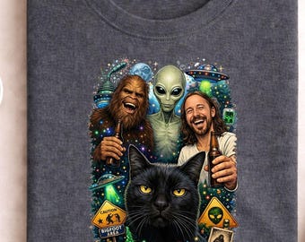 alien jesus bigfoot cat shirt, surreal sci fi humor graphic, cosmic creature illustration shirt, weird fantasy art, mystery character design
