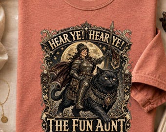 Fun Aunt T‑Shirt, medieval cat knight graphic, unisex tee, vintage print