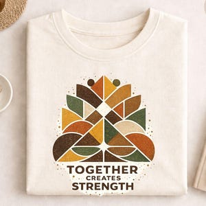 Può includere: Felpa color crema con un design geometrico nei toni del marrone, arancione e verde. Il testo "TOGETHER CREATES STRENGTH" è stampato sotto il disegno. La maglia è realizzata in un materiale morbido, adatta per l'uso quotidiano.
