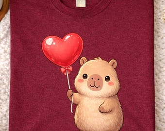 Cute Valentines Day Capybara, Kawaii Capybara Heart Balloon Tee, Sweet Animal Valentine Design, Capybara Love Aesthetic, Cute Valentine