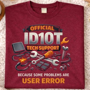 May include: Maroon t-shirt with the text "OFFICIAL ID10T TECH SUPPORT" and the phrase "BECAUSE SOME PROBLEMS ARE USER ERROR". The design includes computer repair tools and a computer screen.