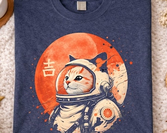Japanese Minimalist 1950s Retro Space Cat Good Luck Kanji T-Shirt Vintage Sci Fi Aesthetic Lucky Symbol Graphic Tee Mid Century Style