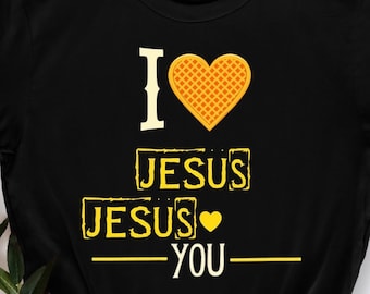 I Love Jesus Waffle Heart Funny Christian Breakfast T-Shirt, Religious Humor Tee for Men Women, Faith and Food Graphic, Christian Gift Idea