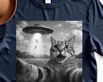 Divertente meme gatto selfie sei sette retrò gatto maglietta 6 7 numero scherzo grafico amante degli animali umorismo stile vintage felino meme design giovani