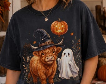 Halloween Highland Cow T-Shirt, ghost pumpkin graphic tee, witch hat cow shirt, fall spooky shirt, unisex tee, orange black natural