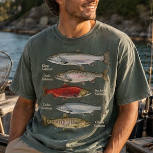 Puede incluir: Una camiseta de manga corta en color verde salvia con un estampado gráfico detallado de cinco especies de salmón. Las etiquetas de texto incluyen King Salmon, Pink Salmon, Sockeye Salmon, Coho Salmon y Chum Salmon, junto a cada ilustración.