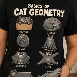 May include: A black short-sleeved t-shirt featuring the text BASICS OF CAT GEOMETRY and illustrations of grey cats in various shapes labelled square, circle, oval, triangle, hexagon, star, rectangle, and parallelogram.