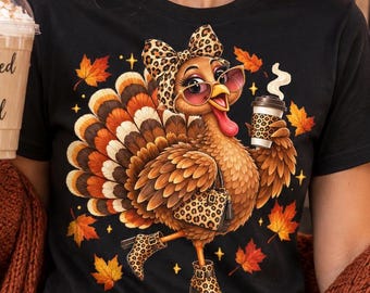 Thanksgiving Turkey T-Shirt, Coffee-Loving Turkey in Leopard Print