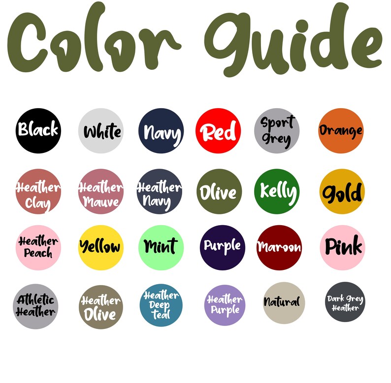 Puede incluir: Una gu&iacute;a de colores con el texto "Color Guide" en escritura verde oliva. Veintiuna muestras de color se muestran en c&iacute;rculos, cada una etiquetada con un nombre de color, incluyendo Negro, Blanco, Marino, Rojo y Naranja.